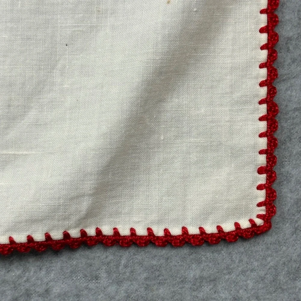 Vintage Embroidered Floral White Linen Square Tablecloth Red Scalloped Edge